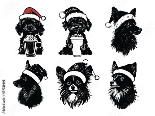 Festive Papillon Dog Silhouettes with Santa Hats and Holiday Accessories
