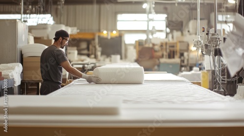 Worker Placing a Foam Cylinder on a Mattress in a Factory