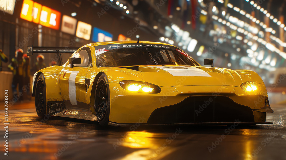 Yellow Race Car at Night. Yellow Race Car at Night.