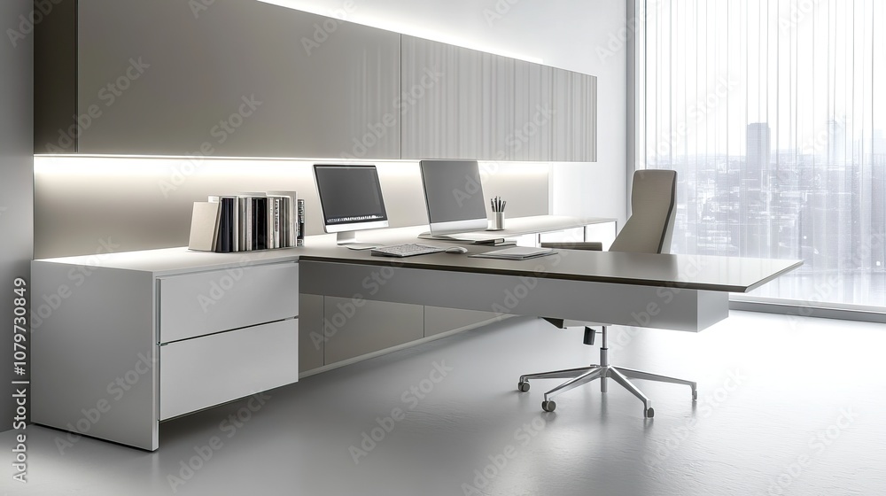 Clean and modern study space with large desk, sleek computer setup, ergonomic chair, white and grey color scheme Clean and modern study space with large desk, sleek computer setup, ergonomic chair, white and grey color scheme