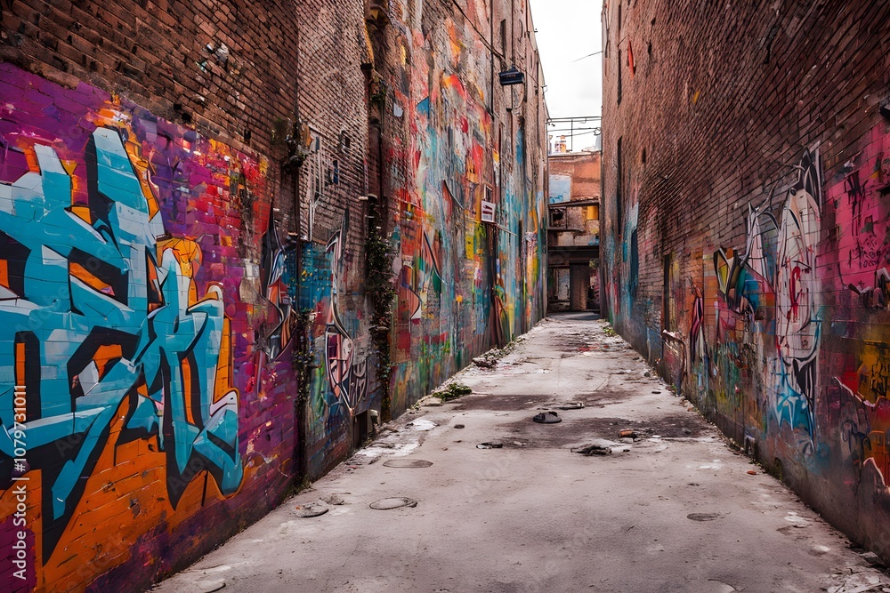 Fototapeta premium Graffiti covered urban alleyway with brick walls and bright colors, Ai Generated