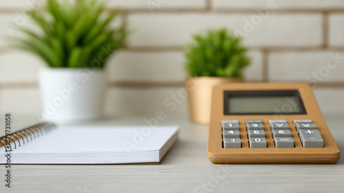 Modern calculator and blank notebook on desk with green plants, symbolizing financial literacy and planning. serene setup encourages productivity and organization