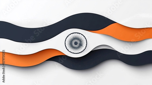 A stylized Indian flag with wavy stripes of saffron, white, and green with the Ashoka Chakra in the center. photo