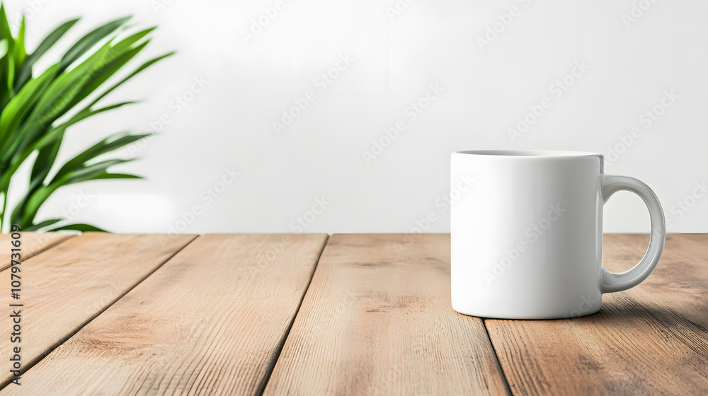 A minimalistic scene featuring a plain white mug on a wooden table, accompanied by a green plant against a light background. A minimalistic scene featuring a plain white mug on a wooden table, accompanied by a green plant against a light background.