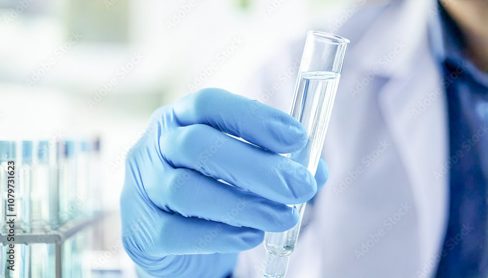 Hand in glove holding a test tube with liquid in a laboratory setting, symbolizing medical research and scientific experimentation Hand in glove holding a test tube with liquid in a laboratory setting, symbolizing medical research and scientific experimentation