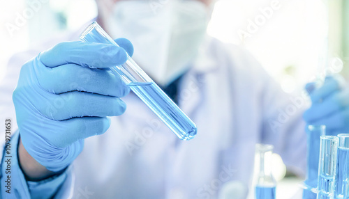 Hand in glove holding a test tube with liquid in a laboratory setting, symbolizing medical research and scientific experimentation