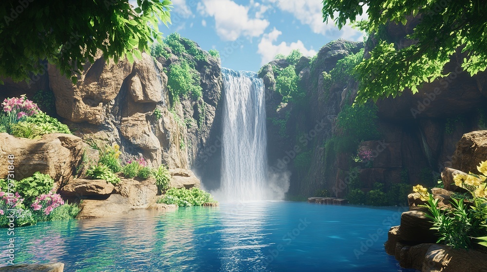 Naklejka premium A scenic adventure destination featuring a towering waterfall cascading into a deep pool.