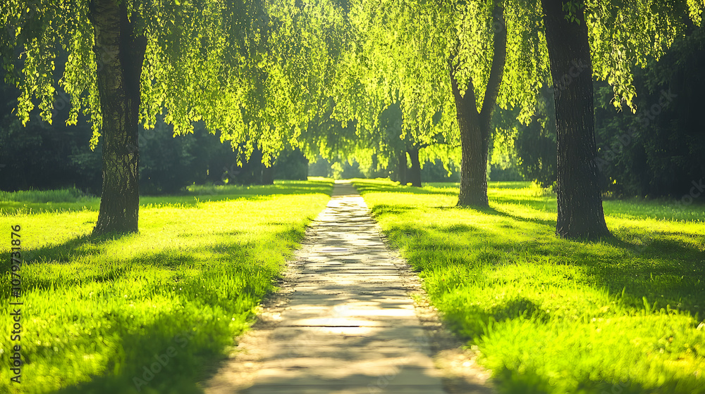Fototapeta premium Lush green pathway lined with trees, illuminated by sunlight, inviting a serene stroll through nature.