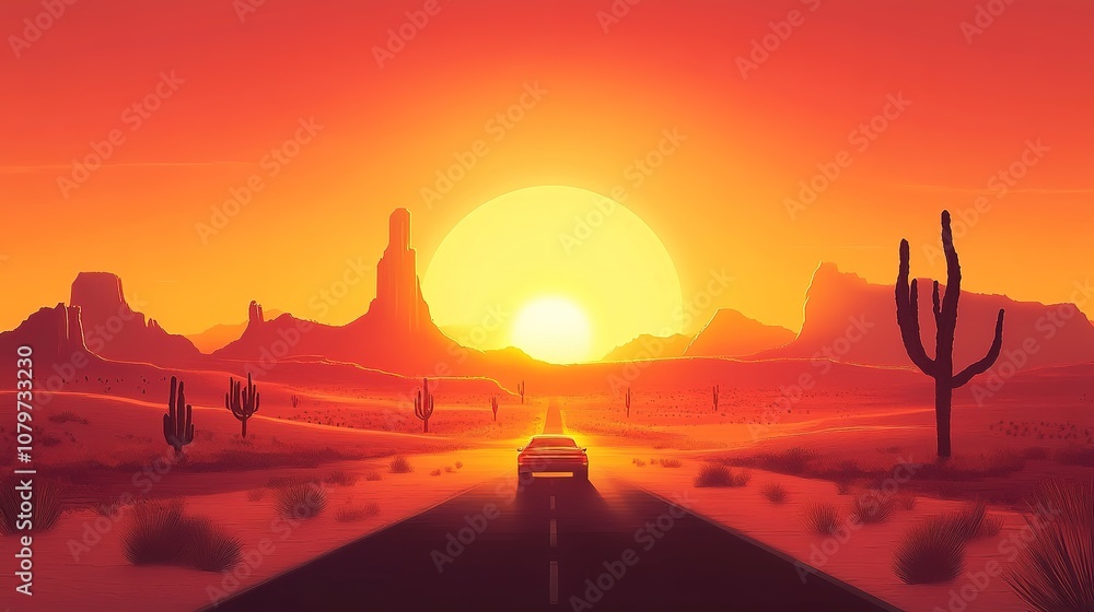 Fototapeta premium A scenic road trip through a desert landscape, with a car driving into the sunset.