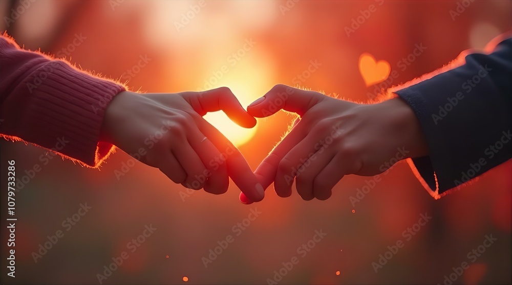 Silhouette of two hands forming a heart shape against a beautiful, warm sunset over a tranquil body of water Silhouette of two hands forming a heart shape against a beautiful, warm sunset over a tranquil body of water