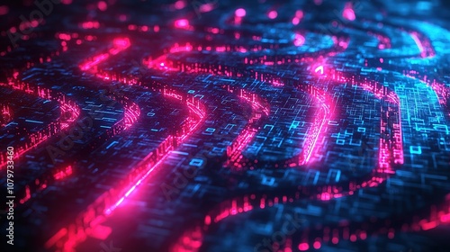 Futuristic circuit board with glowing neon pathways depicting digital connectivity and data flow, emphasizing the innovation of modern technology and electronic communication advan photo