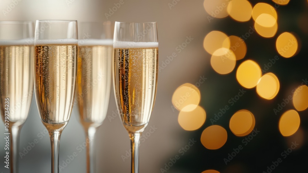 Champagne flutes lined up for a holiday toast, with Christmas lights twinkling in the background champagne toast, holiday party Champagne flutes lined up for a holiday toast, with Christmas lights twinkling in the background champagne toast, holiday party