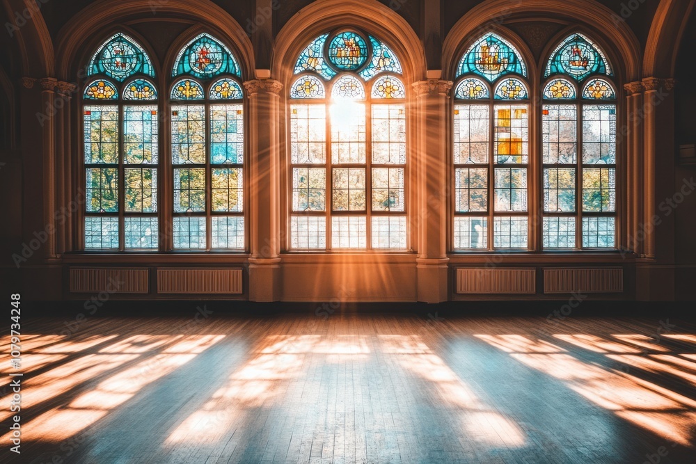 A sunlit room with stained glass windows casting shadows on a wooden floor. A sunlit room with stained glass windows casting shadows on a wooden floor.