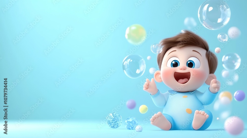 Cheerful 3D Baby Character with Bubbles in Background Cheerful 3D Baby Character with Bubbles in Background