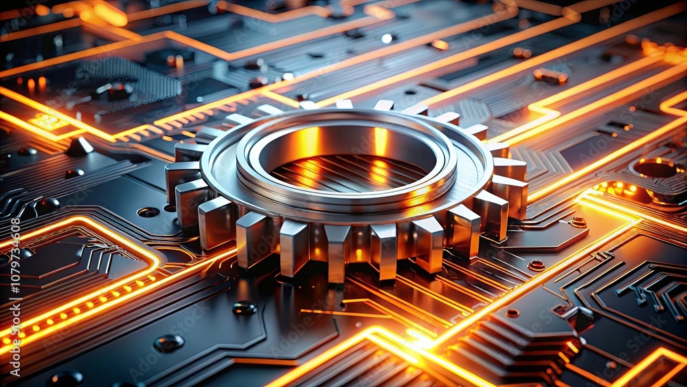 A silver gear resting on a circuit board with glowing orange lines, symbolizing the intricate workings of modern technology. A silver gear resting on a circuit board with glowing orange lines, symbolizing the intricate workings of modern technology.