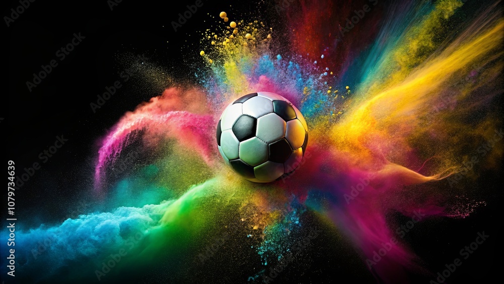 Fototapeta premium A soccer ball explodes with a burst of vibrant colors, creating a dynamic and artistic composition.
