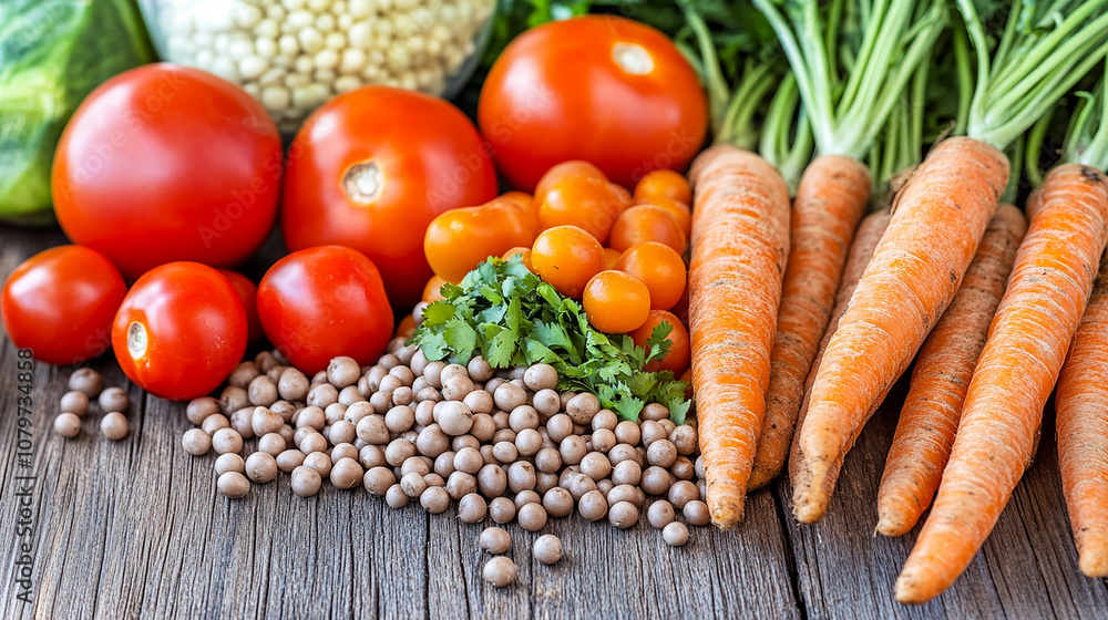 A variety of fresh vegetables including tomatoes, carrots, and chickpeas arranged on a rustic wooden table. A variety of fresh vegetables including tomatoes, carrots, and chickpeas arranged on a rustic wooden table.