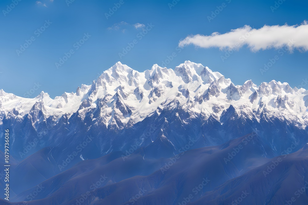Fototapeta premium Snow capped mountain range with a bright blue sky clear weather, Ai Generated