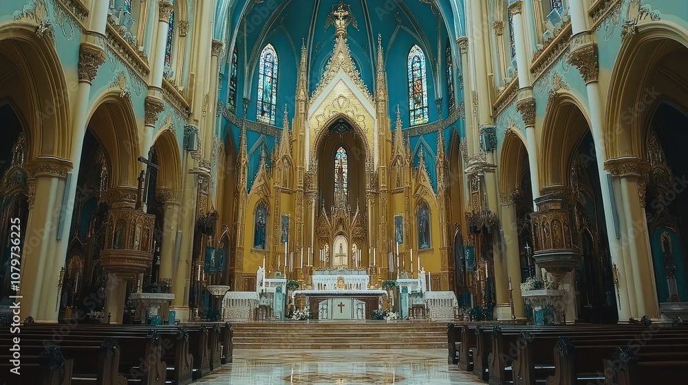 Obraz premium A grand church interior featuring ornate architecture and colorful stained glass windows.