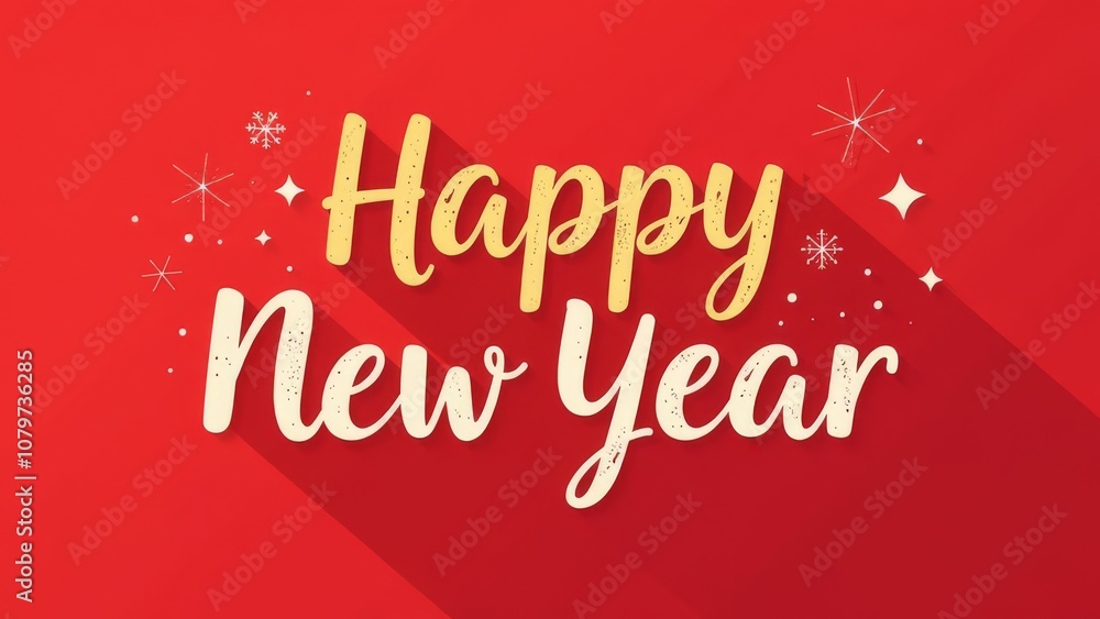 Golden and white text HAPPY NEW YEAR with red background and stars around the shining lettering. Holiday festive banner with handwriting on the bottom, red card with copy space. Golden and white text HAPPY NEW YEAR with red background and stars around the shining lettering. Holiday festive banner with handwriting on the bottom, red card with copy space.