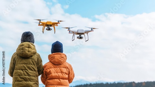 Couple flying drones in an open field, piloting them together and capturing aerial views   drone flying, tech fun, outdoor bonding photo