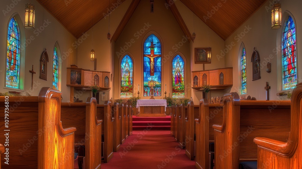 Fototapeta premium Interior view of a church featuring stained glass windows and wooden pews.
