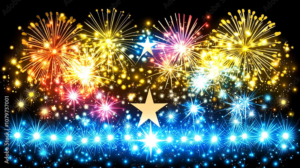 Fototapeta premium A vibrant display of fireworks explodes in the night sky with bright lights and sparkling stars.
