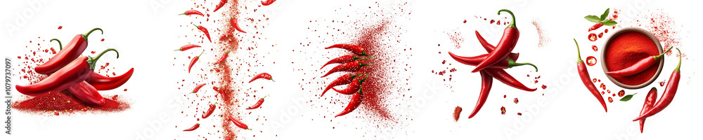 Set of red chili peppers and red powder, isolated on a transparent background. Set of red chili peppers and red powder, isolated on a transparent background.