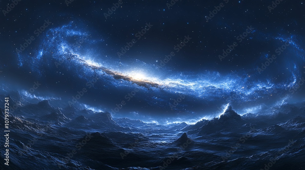 A Starry Night Sky with a Milky Way Galaxy Above a Mountainous Landscape A Starry Night Sky with a Milky Way Galaxy Above a Mountainous Landscape