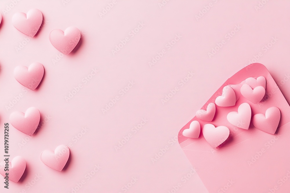 Pink envelope and blank form with paper pink hearts on a pink background. Valentine's Day card.Copy space. with generative ai Pink envelope and blank form with paper pink hearts on a pink background. Valentine's Day card.Copy space. with generative ai