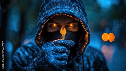 Mysterious figure in a hooded jacket holding a key at night, symbolizing cyber security. The glowing eyes and low light create an enigmatic atmosphere.