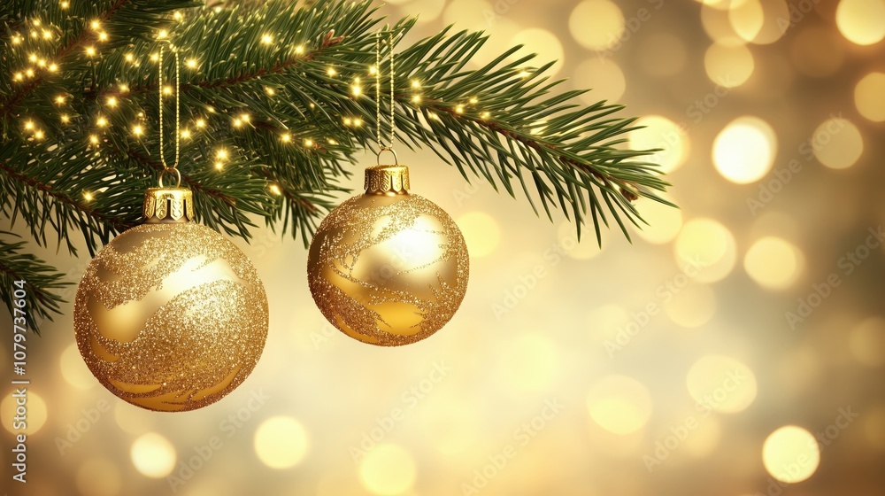 Golden ornaments and fairy lights on a Christmas tree branch, with a soft blurred background and empty space for holiday greetings. Golden ornaments and fairy lights on a Christmas tree branch, with a soft blurred background and empty space for holiday greetings.