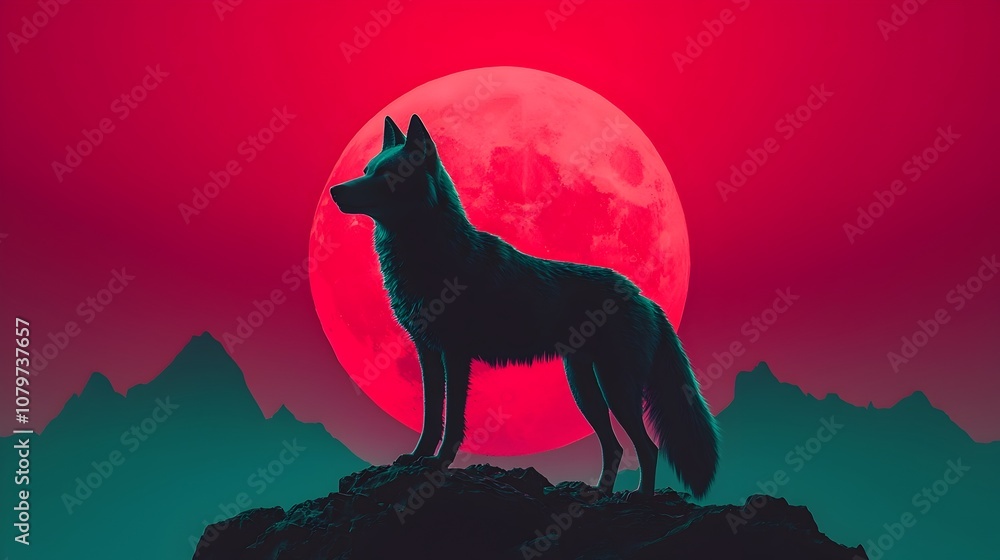 Majestic Wolf Standing on a Digital Mountaintop Under Holographic Moon in Cyber Fantasy Style Majestic Wolf Standing on a Digital Mountaintop Under Holographic Moon in Cyber Fantasy Style