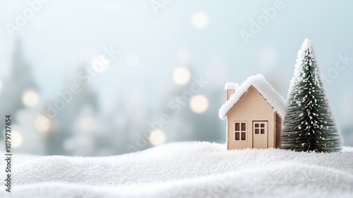 A beautiful snow-covered landscape with a small cabin and a Christmas tree outside, with blank space on the right.