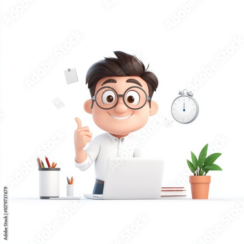 Cheerful Cartoon Character in 3D Style at Desk