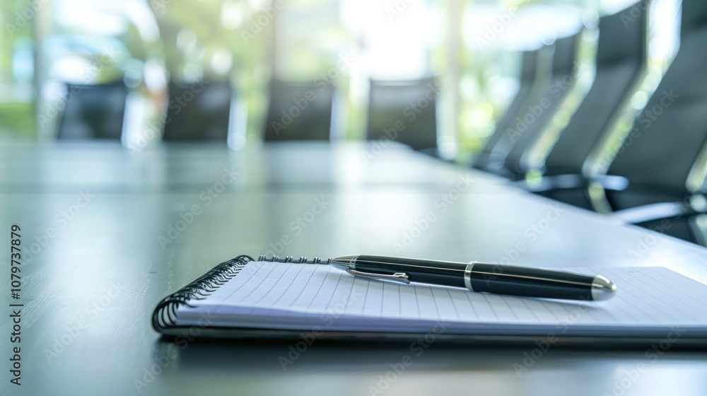 A Blank Notebook and Pen on a Conference Table A Blank Notebook and Pen on a Conference Table