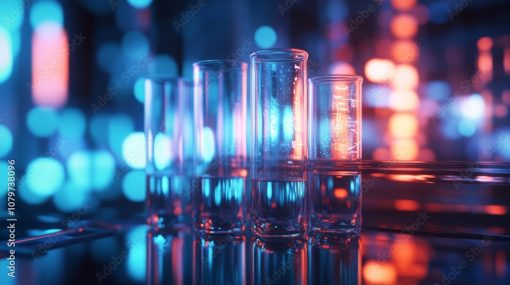 A vibrant display of test tubes illuminated with blue and pink lights, creating a futuristic and artistic lab scene. A vibrant display of test tubes illuminated with blue and pink lights, creating a futuristic and artistic lab scene.