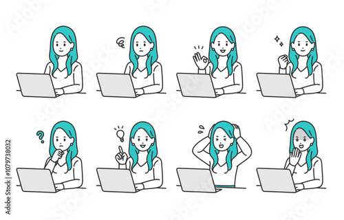 パソコンを見ながらいろいろな表情･ポーズをする若い女性のセット【人物ベクターイラスト素材】