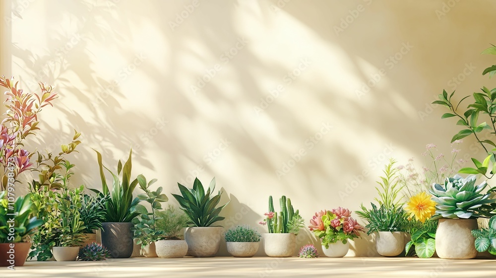 Indoor Plant Arrangement with Sunlit Wall and Shadow Patterns Indoor Plant Arrangement with Sunlit Wall and Shadow Patterns