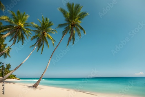 Vibrant tropical beach with palm trees and clear blue sky sunny day ocean waves, Ai Generated