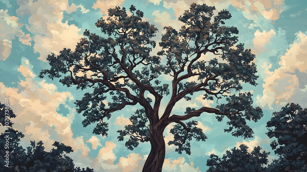 Serene Birds Nesting in Tall Oak Tree in Peaceful Forest Landscape Serene Birds Nesting in Tall Oak Tree in Peaceful Forest Landscape