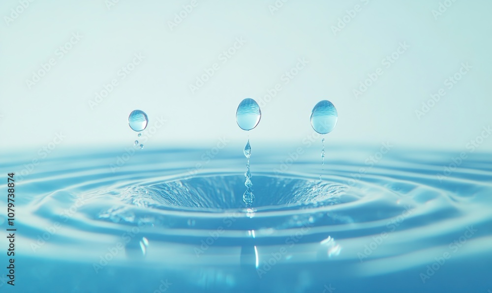 Abstract Creative Pattern Featuring Floating Blue Oil Droplets and Transparent Bubbles Against a Clear Light Blue Background. The Center Focus is on Three Large, Glowing Energy-Filled Water Droplets A Abstract Creative Pattern Featuring Floating Blue Oil Droplets and Transparent Bubbles Against a Clear Light Blue Background. The Center Focus is on Three Large, Glowing Energy-Filled Water Droplets A