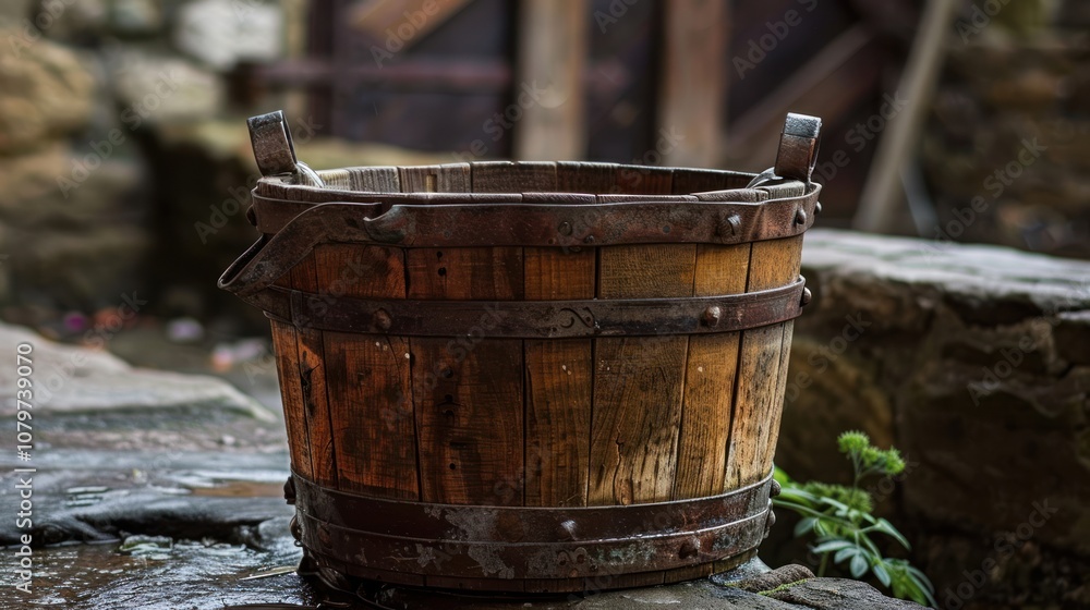A wooden bucket with a sturdy metal frame, combining rustic charm with durability. The wooden texture and metal accents create a practical yet stylish design for various uses. A wooden bucket with a sturdy metal frame, combining rustic charm with durability. The wooden texture and metal accents create a practical yet stylish design for various uses.