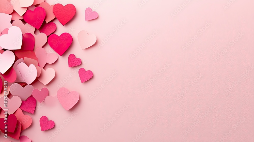 plenty of Paper cutout hearts in shades of pink and soft red on the left side of on a light soft pink background. Concept of love. with generative ai plenty of Paper cutout hearts in shades of pink and soft red on the left side of on a light soft pink background. Concept of love. with generative ai