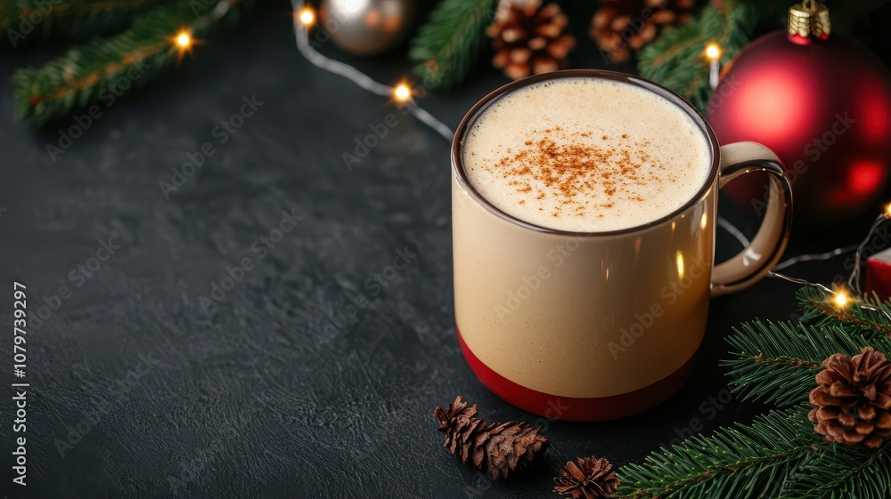 Cozy hot buttered rum in a festive mug, surrounded by Christmas decorations and fairy lights hot buttered rum, Christmas warmth Cozy hot buttered rum in a festive mug, surrounded by Christmas decorations and fairy lights hot buttered rum, Christmas warmth