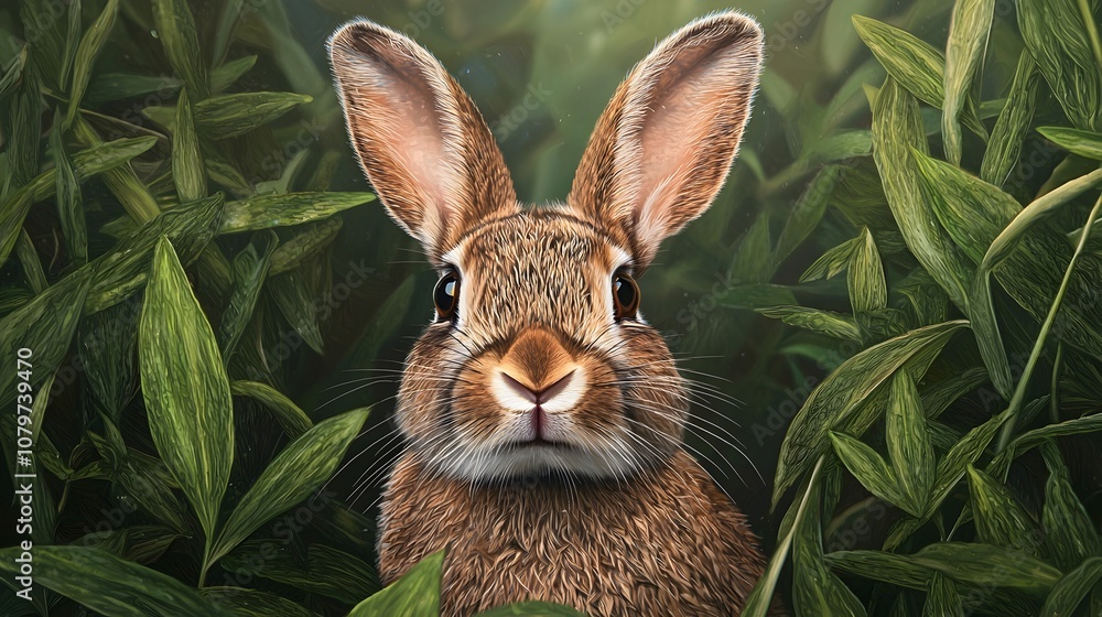 Rabbit Hiding in Lush Forest Underbrush with Dappled Sunlight Highlighting Fur Rabbit Hiding in Lush Forest Underbrush with Dappled Sunlight Highlighting Fur
