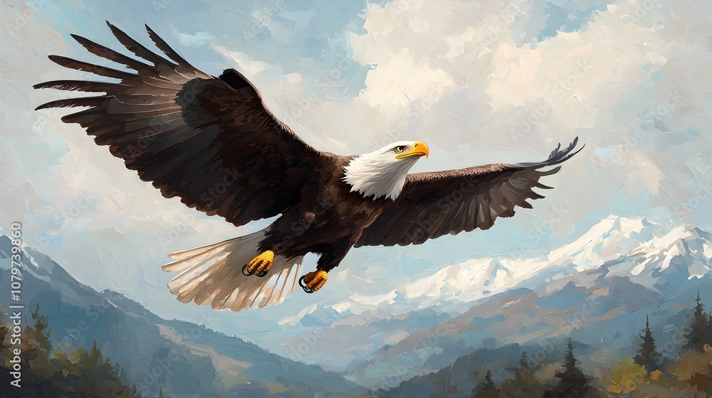 Majestic Eagle Soaring Over Forested Valley With Mountainous Backdrop Majestic Eagle Soaring Over Forested Valley With Mountainous Backdrop