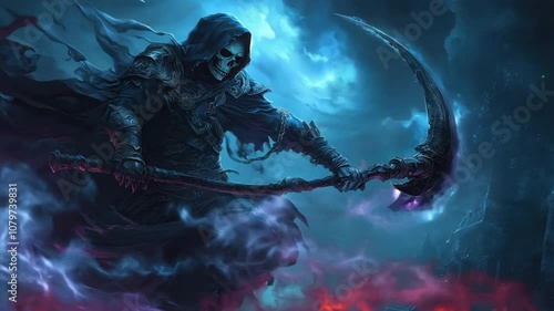 Grim reaper holding a scythe, skull visible under hood, mist swirling around in a cold, realistic night setting
