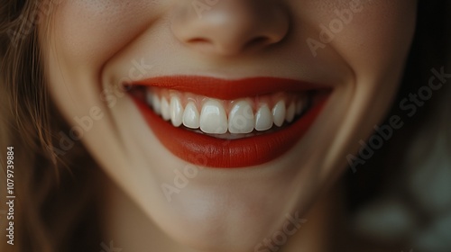 Close-up of a woman's smile with red lipstick.