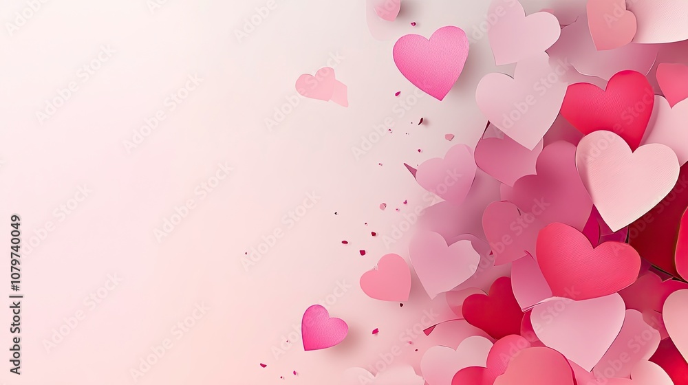 plenty of Paper cutout hearts in shades of pink and soft red on the left side of on a light soft pink background. Concept of love. with generative ai plenty of Paper cutout hearts in shades of pink and soft red on the left side of on a light soft pink background. Concept of love. with generative ai